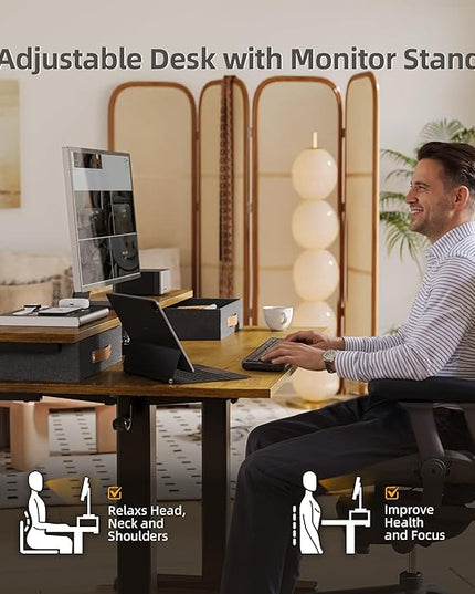 Claiks Electric Standing Desk with 2 Drawers, Adjustable Standing Desks with Storage, Height Adjustable Stand up Desk for Home Office with 2 Hooks,55 Inch Ruist Brown