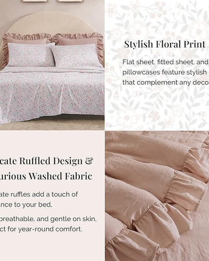King Comforter Set - 7 Pieces Ruffle Pink Bedding Sets, Shabby Chic Farmhouse Bed in a Bag King with Ruffle Comforter, Floral Sheets, Pillowcases & Shams