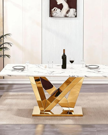 70 Inch Modern Rectangular Dining Table for 6, Faux Marble Top with Mirrored Stainless Steel Base, Large Kitchen Table for Dining Room, Living Room, Office, Conference, (Table Only) (Gold + White)