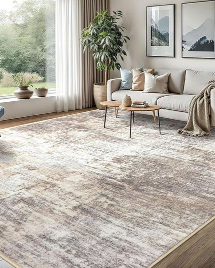 IOHOUZE Abstract Area Rugs 8x10 Ft Washable Large Rugs for Living Room, Non Slip Dining Room Rug, Printed Faux Wool Rugs for Bedroom, Floor Carpet for Office Nursery Playroom, Beige Brown
