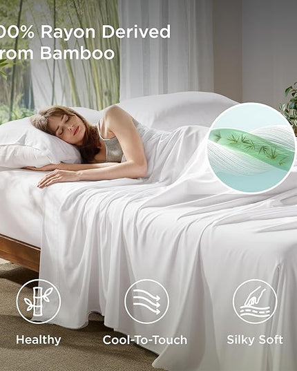 Bedsure King Size Sheet Set, Cooling Sheets, Rayon Derived from Bamboo, Deep Pocket Up to 16", Breathable & Soft, Bed Sheets, Hotel Luxury Silky Bedding for Hot Sleepers, White