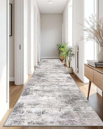 IOHOUZE Abstract Runner Rug 3x16 Ft Washable Runners for Hallways, Non Slip Kitchen Runner Printed Faux Wool Entryway Runner Indoor, Modern Abstract Floor Carpet for Hall Stair, Grey Beige
