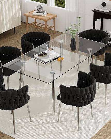 7 Piece Modern Glass Dining Room Set, 63'' Luxury Minimalist Dinner Room Set for 6, 6 Person Clear Glass Rectangle Kitchen Table with Black Woven Chair, for Living Room Small Place (Silver)