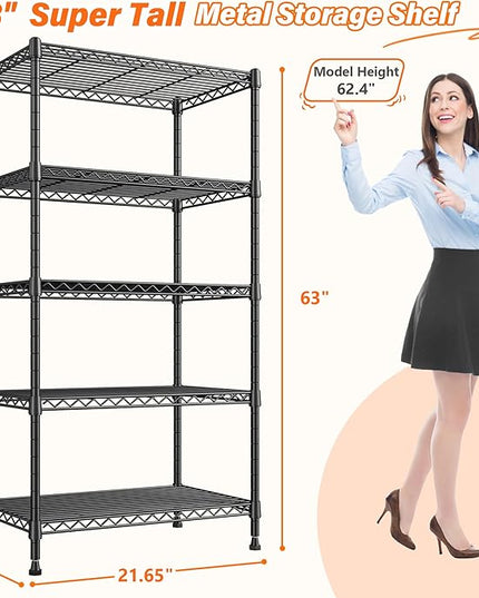 REIBII Metal Shelving 5 Tier Wire Sturdy Storage Shelves Adjustable Steel Organizer Wire Rack for Kitchen Laundry Room Commercial School Storage Room Black 63“Hx 21.65“L x 11.8”D