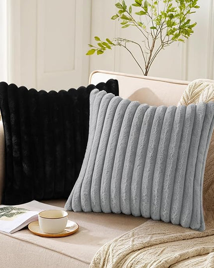 Pallene Faux Fur Plush Throw Pillow Covers 18x18 Set of 2, Luxury Soft Fluffy Striped Decorative Pillow Covers for Sofa, Couch, Living Room, Black