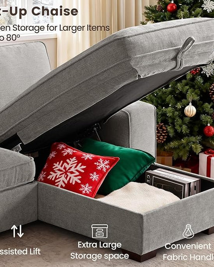 PARKOL 99" L-Shaped Sectional Couch with Storage, Sofa with Reversible Chaise, USB Type-C Charging, Chenille Fabric, Removable Cushion Covers, for Small Space, Apartment, Living Room, Light Gray