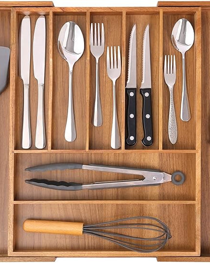 Bellsal Large Premium Acacia Wood Silverware Organizer - Expandable Utensil Drawer Organizer - 17"x19.6" Utensil Holder and Cutlery Tray with Grooved for Kitchen Flatware Utensils(7-9 Slot, Acacia)