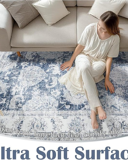 jinchan Fiora Washable Area Rug 3x5 Entryway Rug Distressed Vintage Floral Ultra-Thin Low-Pile Soft Non-Shedding Indoor Floor Carpet for Kitchen Bedroom Entrance Laundry Living Room(3x5ft, Dark Blue)