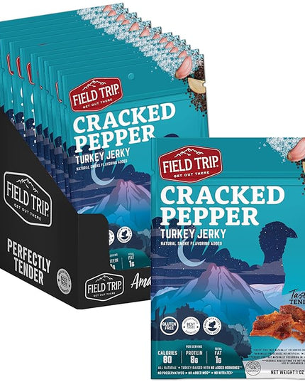 Field Trip Turkey Jerky, Gluten Free, Low Carb, Healthy High Protein Snacks, No Nitrates, All Natural Ingredients, Cracked Pepper, 1oz Bags, 12 Pack