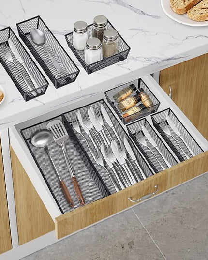 Neudeco Silverware Drawer Organizer,Utensil Organizer for Kitchen Drawer Organizer for Large Utensils with Interlocking Arm, Silverware Storage Cutlery Tray for Knives Fork Spoon (Pack 5, Black)