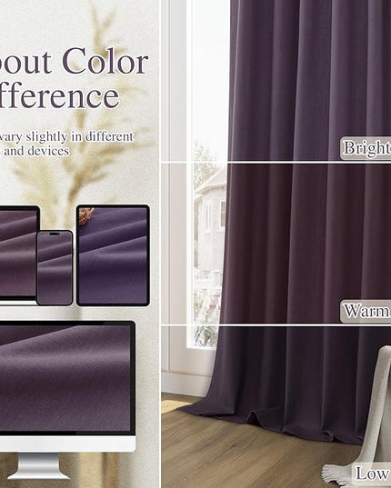 Guken Blackout Curtains 90 Inch Length 2 Panels Set for Living Room Bedroom Back Tab Thermal Insulated 100% Black Out Linen Drapes Room Darkening Window Curtains 90 Inches Long,Plum