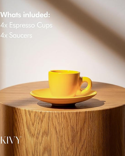 KIVY Espresso Cups Set of 4 - Stoneware - Italian Style - 3oz Each - Yellow