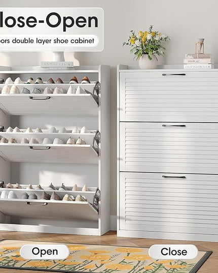 Maupvit Shoe Storage Cabinet with 3 Flip Louvered Doors, Freestanding Organizer with Metal Hinges, Shoe Cabinet for Entryway, Narrow Shoe Rack Cabinet, White