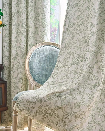 Lazzzy Linen Farmhouse Lined Curtains Green Floral 84 Inch Length Grommet Top Drapes for Living Room Bedroom Flower Patterned Country Vintage Curtains 2 Panels Set Green on Beige
