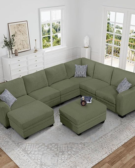 Legend Vansen Oversized Modular Sectional Sofa,8 Seat U Shaped Couch with Ottoman,Corduroy Sofa with Deep Seat,Convertible Large Sectional Couches for Living Room(Olive, U-8)