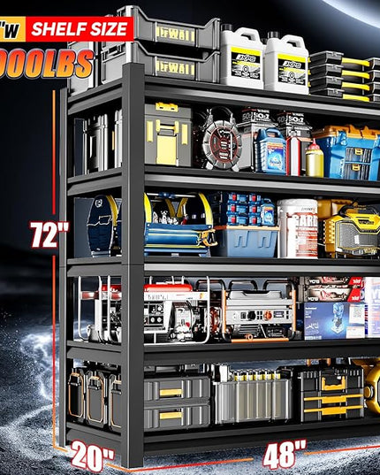 48" W Garage Shelving,5-Tier Heavy Duty Shelving Unit,3000LBS Adjustable Metal Storage Shelves,Storage Rack Units for Industrie,Shed,Warehouse,Basement,Black,48" W x 20" D x 72" H