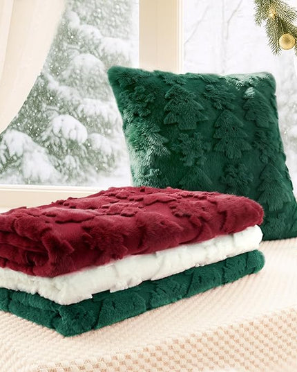 Touchat Christmas Pillow Covers 18x18, Soft Faux Rabbit Fur Throw Pillow Covers with 3D Embroidery Christmas Tree and Snowflake Design for Winter Holiday Home Decor, Couch Sofa Bedroom, Green