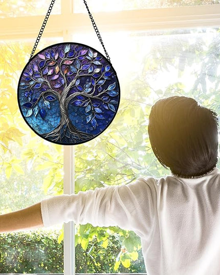 Stained Glass Window Hanging, Blue Purple Tree of Life Sun Catchers Colorful Glass Panel Plants Suncatcher Decor for Birthday for Women,Men,Wife, Lovers, and Mom 7.8 in