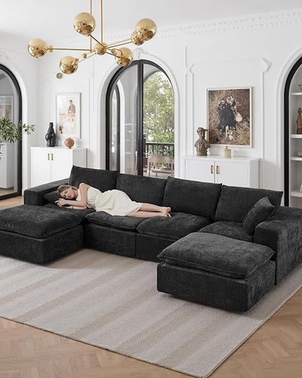 108" Sectional Couches for Living Room Boneless Couch Upholstered Cloud Couch Sectional Modular Sectional Sofa with L Shaped (Chenille-Black, 4 Seat+2 Ottoman)