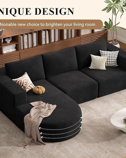 104”Sectional Couches for Living Room, Modular l Shaped Cloud Couch,Boneless Comfy Modern Sofa with Chaise, Deep Seat Convertible Sleeper Sofa Bed,No Assembly Required(Black-Corduroy Fabric) 1pcs