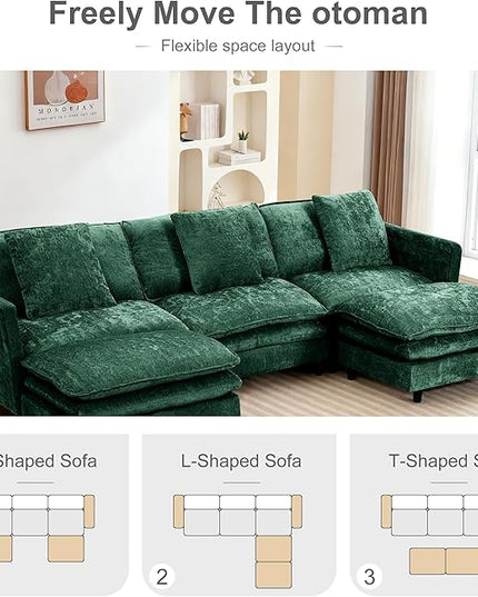 Modular Sectional Sofa,143.31'' Modern Sofa Sleeper Couch,Comfy Cloud Couches with 3 Seat & 2 Ottoman & 3 Pillows Sofa Set,Deep Seat Sofa with Movable Ottoman for Living Room,Chenille(Green, U Shaped)