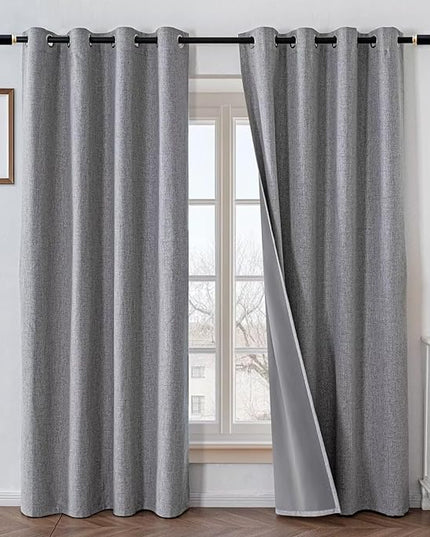 100% Blackout Curtains 90 Inch Long 2 Panels Set, Faux Linen Black Out Curtains for Bedroom Living Room, Thermal Insulated Room Darkening Drapes Grommet (W52 x L90, Light Grey)