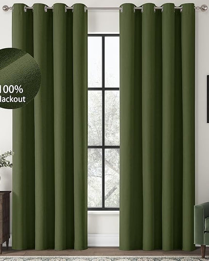 ChrisDowa 100% Blackout Olive Green Solid Curtains 90 Inches Long 2 Panels for Bedroom Living Room,Farmhouse Room Darkening Thermal Insulated Soundproof Grommet Top Window Treatment Drapes,52x90