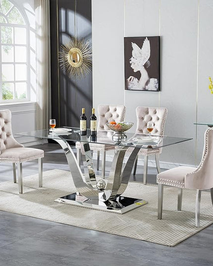 5-Piece Glass Dining Table Set w/4 Beige Upholstered Dining Chairs, 70in Rectangular Large Kitchen Table Set for 4, Glass and Silver Dining Table and Chair Set for 4