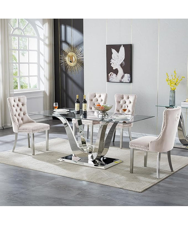 5-Piece Glass Dining Table Set w/4 Beige Upholstered Dining Chairs, 70in Rectangular Large Kitchen Table Set for 4, Glass and Silver Dining Table and Chair Set for 4