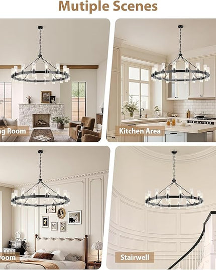 48 Inch Black Chandelier, Wagon Wheel Chandelier with Glass Shade, 16-Lights Large Round Modern Farmhouse High Ceiling Industrial Pendant Lighting Fixture for Dining Room, Living Room, Kitchen, Foyer