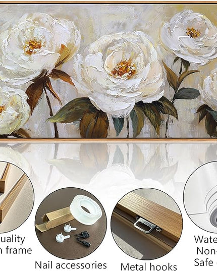 Flower Canvas Wall Art Textured Floral Picture Wall Decor White Large Elegant Painting for Living Room Modern Artwork for Home Decor Pictures for Bedroom Wall Decor 24×48IN