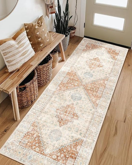MUJOO Washable Runner Rug,2x6 Runners for Kitchen Bathroom Hallway Bedroom Entryway Laundry,Non Slip Long Mat Indoor,Boho Throw Carpet Low Pile Terracotta