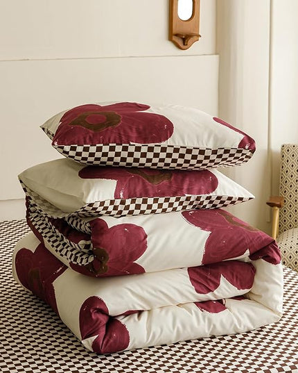 Houseri Burgundy Sunflower Comforter Set Queen Foral Bedding Soft Comfy Comforter Quilts