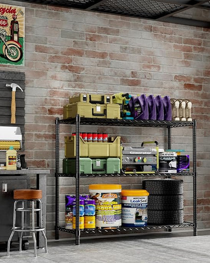 Storage Shelves Heavy Duty, 48" W x 20" D x 47" H Garage Wire Shelving Unit Loads 1200LBS, 3-Tier Adjustable Metal Industrial Utility Shelf Rack for Kitchen, Laundry Room, Pantry, Warehouse, Basement