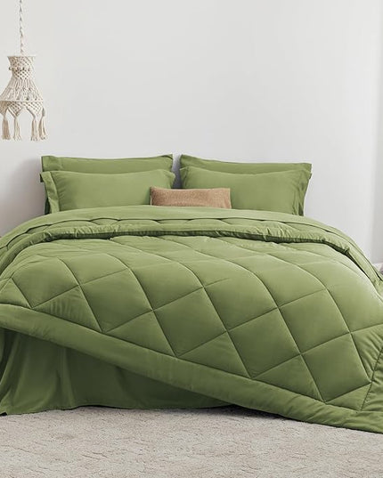 Love's cabin Queen Comforter Set Olive Green, 7 Pieces Queen Bed in a Bag, All Season Bedding Sets with 1 Comforter, 1 Flat Sheet, 1 Fitted Sheet, 2 Pillowcase and 2 Pillow Sham