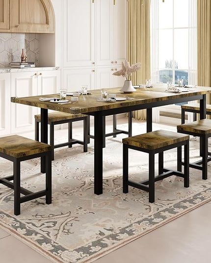 Feonase 7-Piece Dining Table Set with 6 Stools, 63 Inch Extendable Kitchen Table for 4-8, Kitchen Room Set with MDF Board & Metal Frame, Farmhouse Table, Space-Saving, Rustic Brown