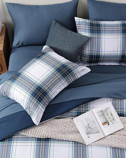 MaiRêve Full Size Plaid Comforter Set Blue White, Classic 7 Pieces Farmhouse Bedding Set, All Season Lightweight Bed in A Bag with Sheets, Pillowcases & Shams