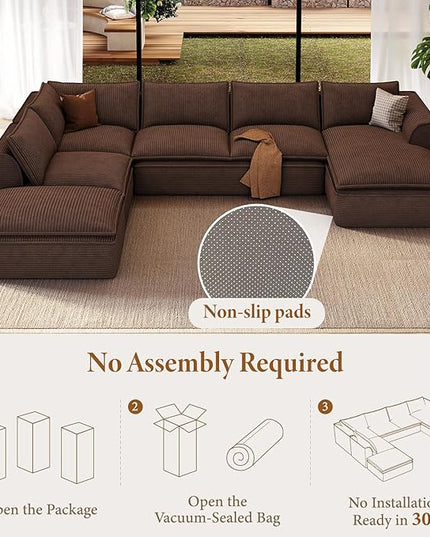 Vesgantti 141.7" Oversized Boneless Sectional Couch, 7 Seater Modular Sofa with Chaise & Ottoman & Armrest, Deep Seat Corduroy Cloud Couches for Living Room, No Assembly Required, Dark Brown