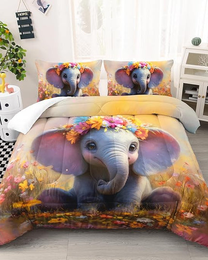 AILONEN Kids Cartoon Elephant Twin Size Comforter Set,Cute Animal Bedding Sets,Farm Flower Duvet Set,3 Pieces,1 Quilt and 2 Pillowcases,Microfiber