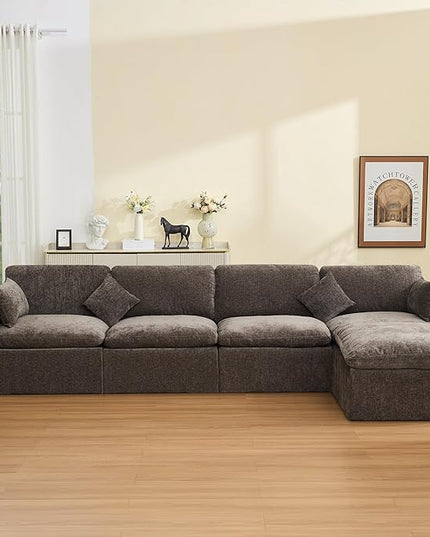 155''Cloud Boneless Sectional Couch, Modular Sectional Sofa Deep Seat with Ottoman, Oversized Upholstered Convertible Comfy 5 Seater Chenille Sofa L Shape Couches for Living Room, Brown