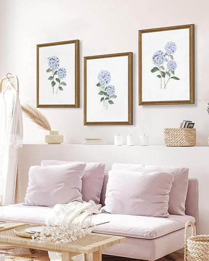 WRFON Hydrangea Wall Art, Blue Floral Wall Decor, Blue Watercolor Botanical Poster Wall Decor, Modern Minimalist Botanical Canvas Painting Print for Living Room Bedroom Wood Framed 12"x16"x3