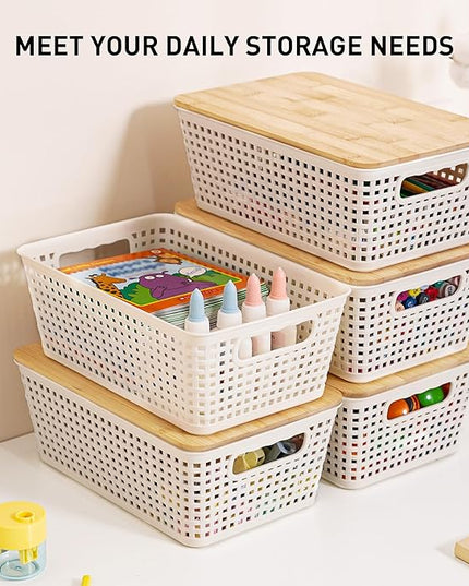Storage Bins with Lids 8 Packs, Plastic Storage Bins with Bamboo Lids for Pantry Organization and Storage Containers for Shelves Drawers Desktop Closet Playroom Classroom Office Home, White
