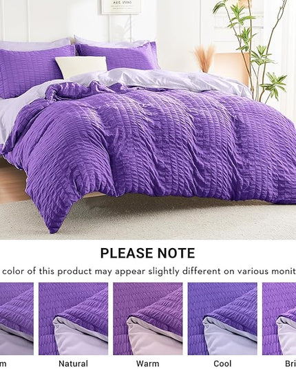 HYMOKEGE Dark Purple/Lavender California King Comforter Set Seersucker 7 Pieces, All Season Luxury Bed in a Bag for Bedroom, Bedding Set with Comforter, Sheets, Pillowcases & Shams