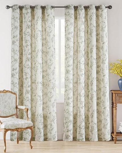 Lazzzy Green Floral Linen Farmhouse Curtains 84 Inch Length Drapes for Living Room Bedroom Pattern Light Filtering Country Vintage Curtain Grommet Top, 2 Panels, Green on Beige