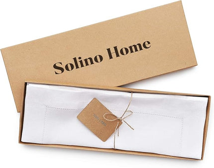 Solino Home Linen Cloth Placemats Set of 6-100% Pure Linen Hemstitch White Placemats 14 x 19 Inch - Classic Hemstitch Table Place Mats for Winter, Christmas, Holiday, New Year