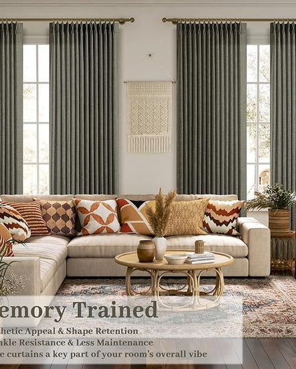 Pinch Pleated Green Linen Curtains Light Filtering 86 Inches Long Drapes for Bedroom,Memory Train Shaped Pleat Curtain for Living Room and Track System Moss Boho Farmhouse with Back Tab 2 Panels
