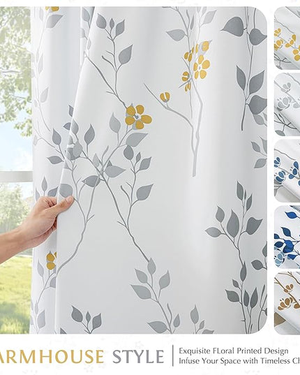 Beauoop Floral 100% Blackout Curtains 108 Inches Long 2 Panels for Bedroom Living Room Yellow Grey and White Flower Patterned Room Darkening Thermal Soundproof Grommet Window Treatments Drapes