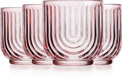 Glaver's Vintage Glassware Art Deco Glasse Ribbed Drinking Glasses U-Shape Arch Design Colored Cocktail Kitchen Tumblers Everyday Dinner Decorative Party (Pink S/4 11oz)
