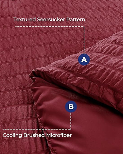 HYMOKEGE Burgundy King Size Comforter Set Seersucker 7 Pieces, All Season Luxury Bed in a Bag for Bedroom, Bedding Set with Comforters, Sheets, Pillowcases & Shams