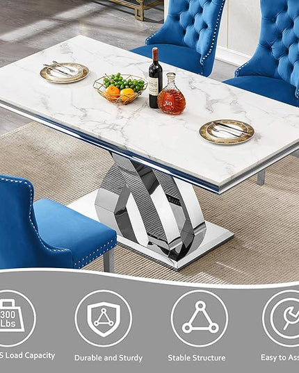 68" Faux Marble White Dining Table for 6-8, Modern Dining Room Table with 0.71" Marble Printing MDF Top and X-Shaped Silver Stainless Steel Base, Rectangle Kitchen Dinner Table